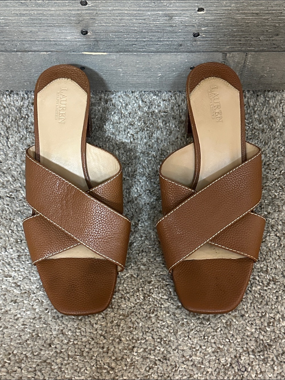 Lauren Ralph Lauren Freddi Brown Leather Mule Sandals Block Heel Quiet Luxury 10